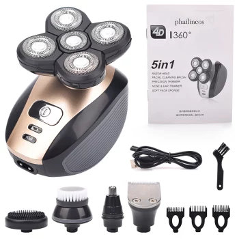 5 In 1 4D Men&#039;s Rechargeable Bald Head Electric Shaver 5 Floating Heads Beard Nose Ear Hair Trimmer Razor Clipper Facial Brush